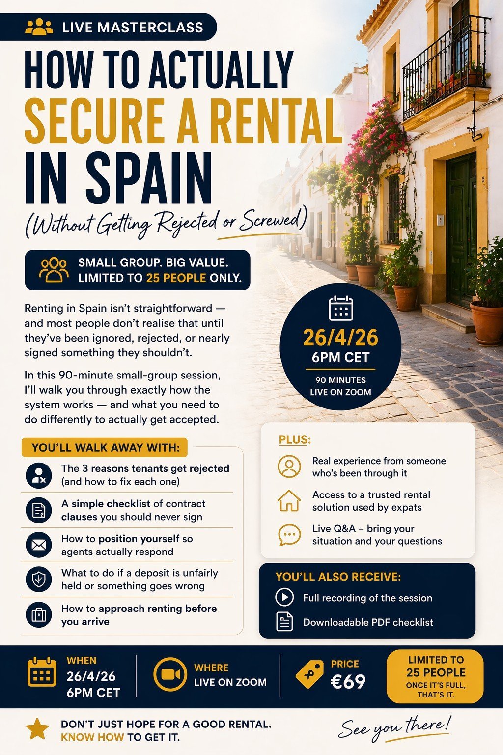 Promotional poster for a live masterclass on how to secure a rental in Spain, scheduled for 26/4/26 at 6PM CET on Zoom for 69 euros