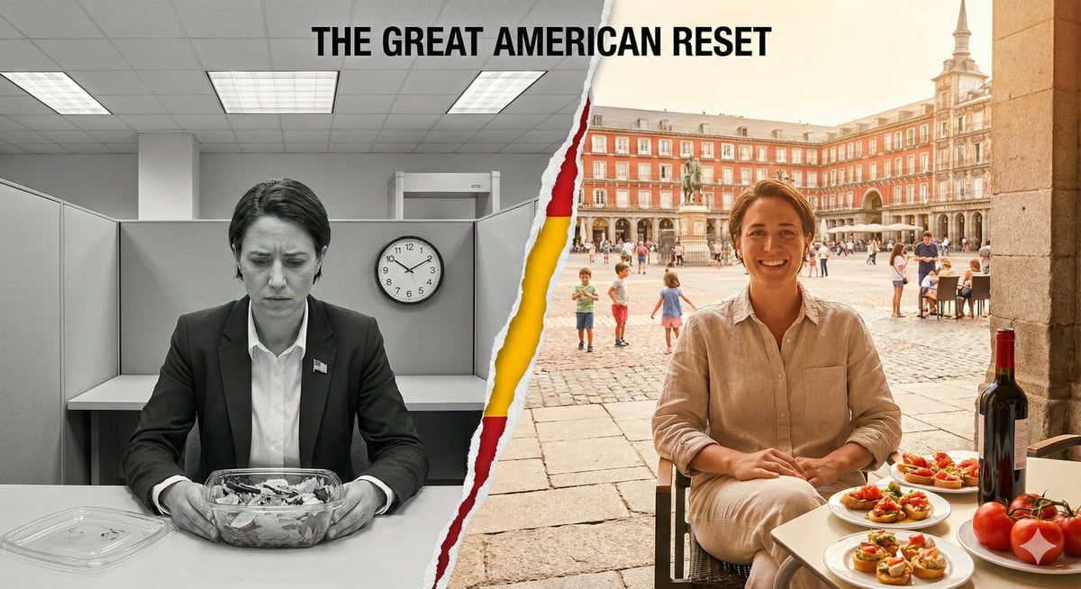 Split image comparing woman in gray office with pizza to woman dining at outdoor European plaza