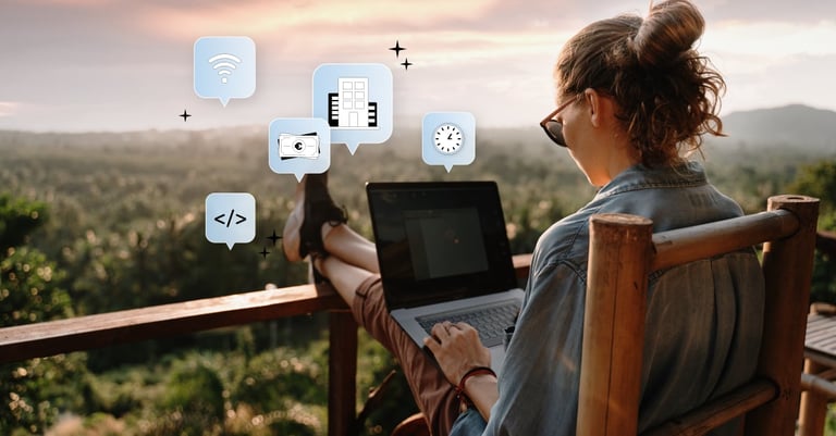 Person sitting outdoors with laptop surrounded by smart home and technology icons floating above screen