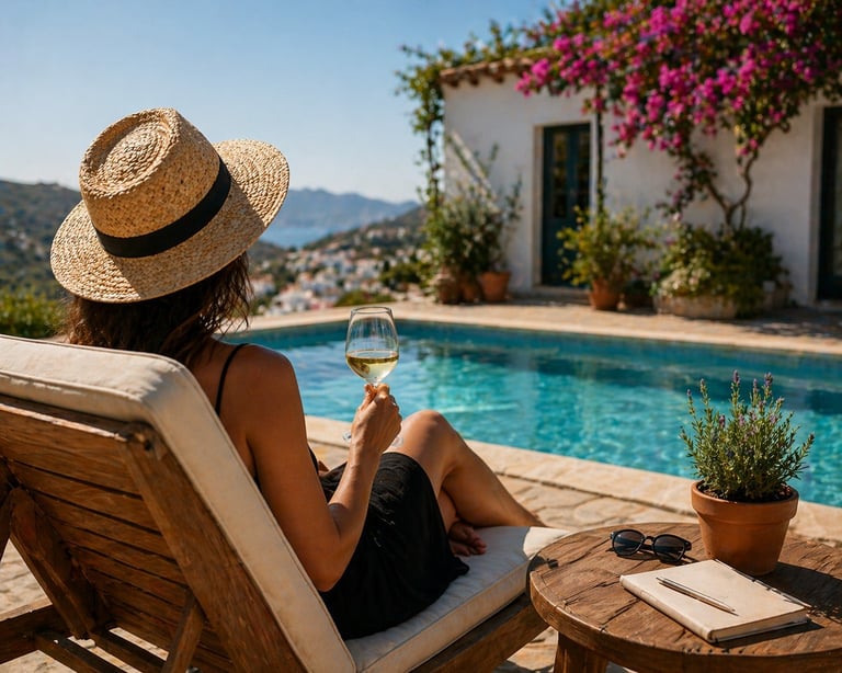 Woman in straw hat relaxing by pool with wine glass, overlooking Mediterranean-style house and mountains