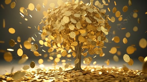 Golden tree with coins falling from branches onto a pile of coins against a gray background