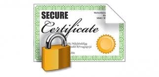 Secure Certificate icon showing a golden padlock in front of a certificate document with green border and gold seal