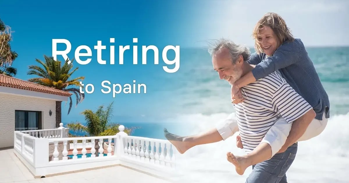 Retired couple playing on beach in front of Mediterranean villa with text Retiring to Spain