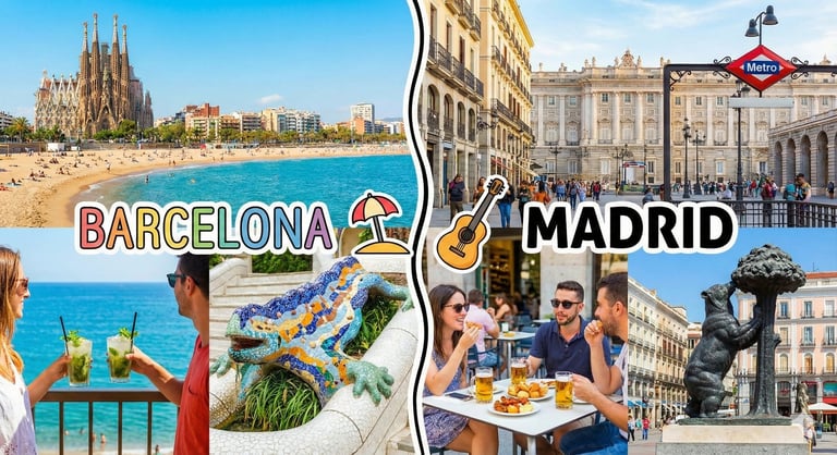 Collage comparing Barcelona and Madrid with landmarks, beaches, and tourist attractions from both Spanish cities