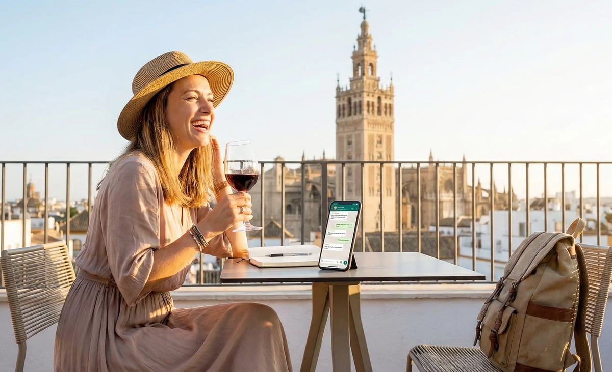 Woman in hat working on laptop at outdoor rooftop table with cathedral view in background