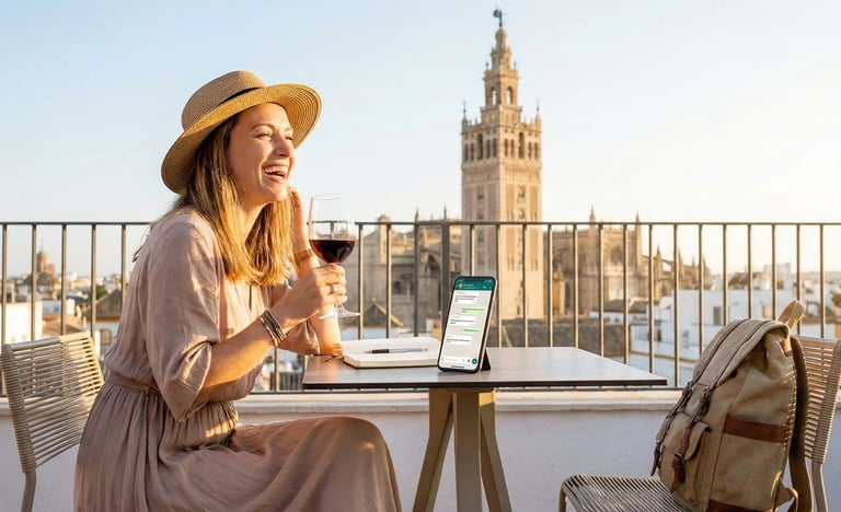 Woman in hat working on laptop at outdoor rooftop table with cathedral view in background