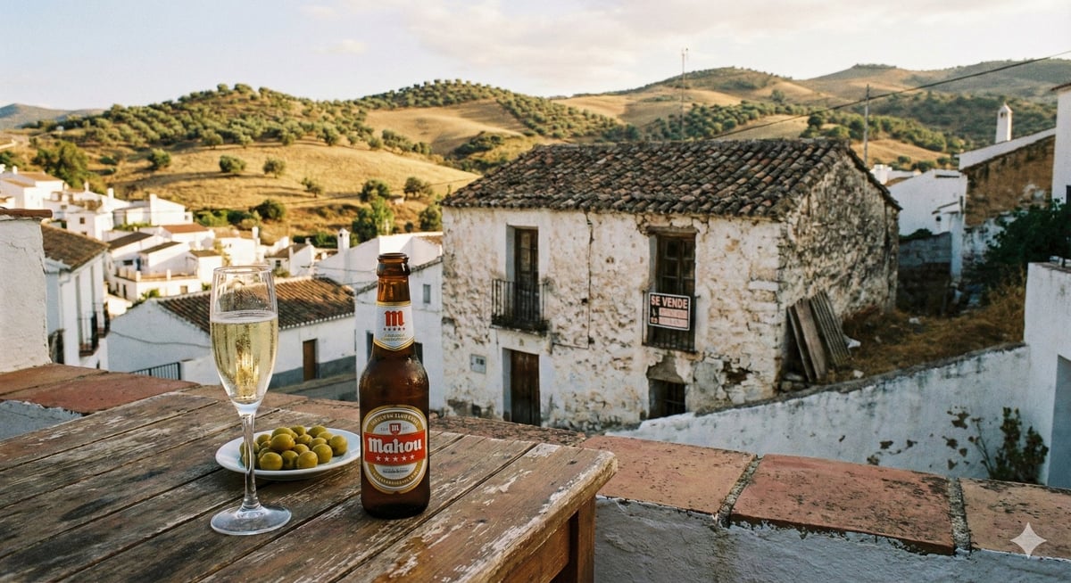 Beer and wine on wooden table overlooking white-washed village and olive grove hills in rural Spain