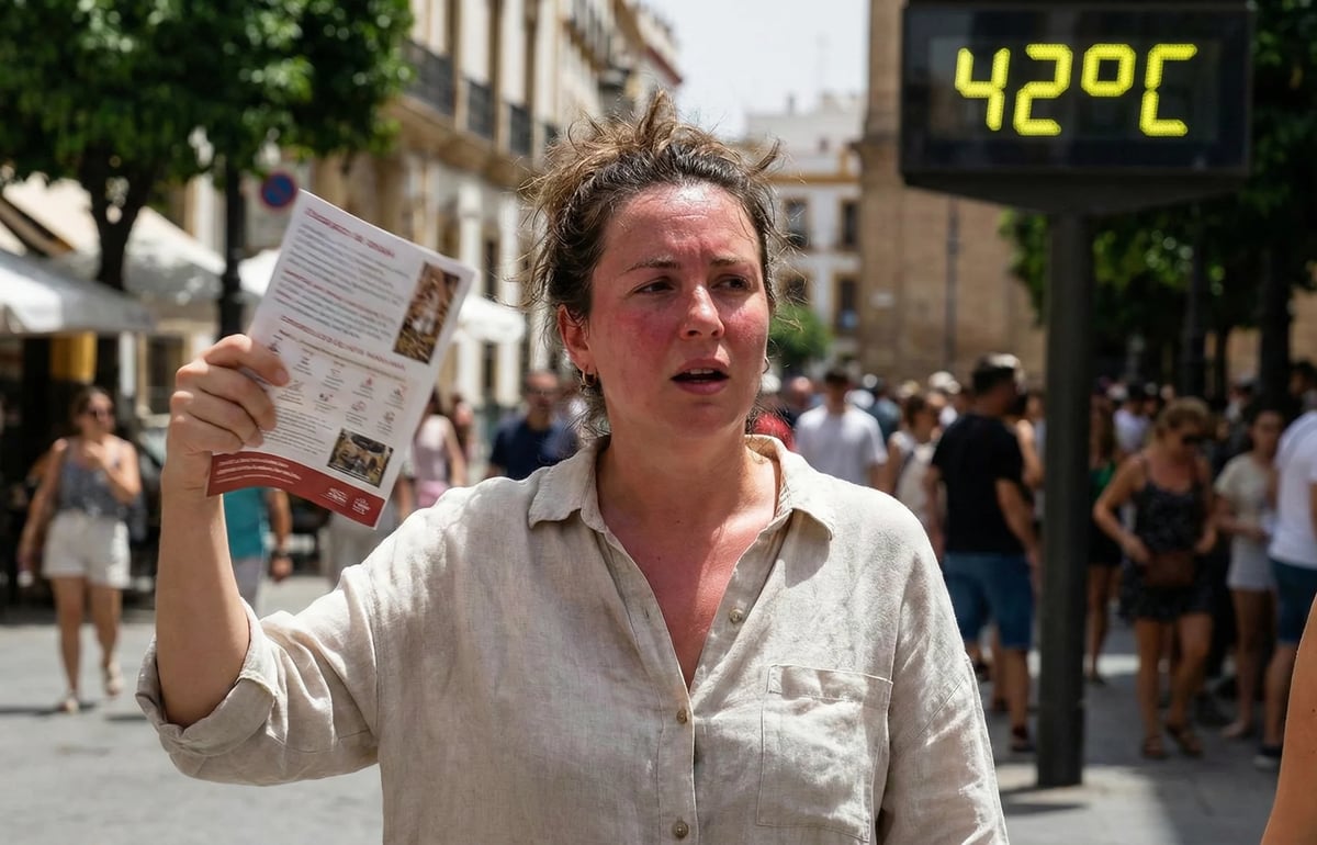 Woman holding newspaper in crowded urban street with digital temperature display showing 42°C in background