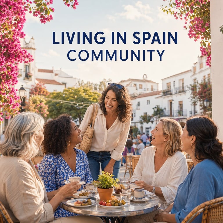 Women dining outdoors at a table in a Spanish courtyard with pink flowers and historic buildings