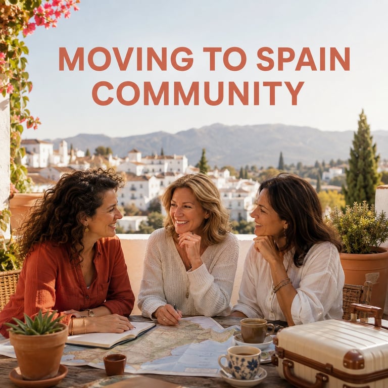 Three women discussing moving plans on a Spanish terrace overlooking a mountainous cityscape with ivy-framed views
